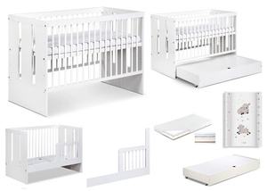 Łóżeczko drewniane 120x60 z Barierką z Pojemnikiem z Materacem z Przewijakiem Białe PAULA