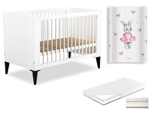 Łóżeczko drewniane 120x60 z Materacem z Przewijakiem Białe MIA