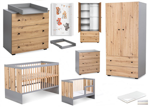Zestaw mebli dziecięcych z Łóżeczkiem z Materacem z Przewijakiem Grafit Dąb PAULINE