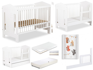 Łóżeczko drewniane 120x60 z Barierką z Pojemnikiem z Materacem z Przewijakiem Białe IDA