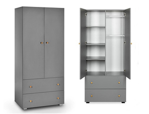 Szafa Dwudrzwiowa z Szufladami z Drążkiem z Półkami - Wymiary 180x80 cm - Grafit Sosna PAULINE