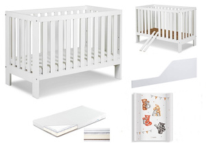 Łóżeczko drewniane 120x60 z Barierką ochronną z Materacem z Przewijakiem Białe AMELIA II