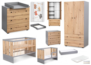 Zestaw mebli dziecięcych z Łóżeczkiem z Materacem z Przewijakiem Grafit Dąb PAULINE