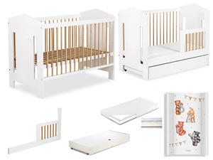 Łóżeczko drewniane 120x60 z Barierką z Pojemnikiem z Materacem z Przewijakiem Buk Białe IDA