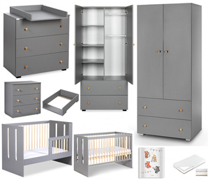 Zestaw mebli dziecięcych z Łóżeczkiem z Materacem z Przewijakiem Grafit Sosna PAULINE