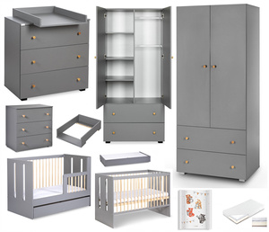 Zestaw mebli dziecięcych z Łóżeczkiem z Materacem z Przewijakiem Grafit Sosna PAULINE