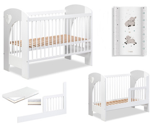 Łóżeczko drewniane 120x60 z Barierką z Materacem z Przewijakiem Białe Popiel NEL SERCE