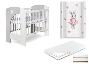 Łóżeczko drewniane 120x60 z Materacem z Przewijakiem Białe Popiel NEL SERCE