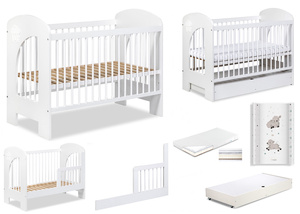 Łóżeczko drewniane 120x60 z Barierką z Pojemnikiem z Materacem z Przewijakiem Białe NEL CHMURKA