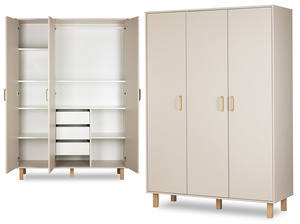 Szafa Trzydrzwiowa z Drążkiem z Półkami - Wymiary 195x137 cm - Szampan Buk LAURA