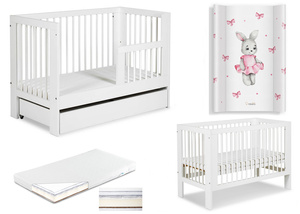 Łóżeczko drewniane 120x60 z Barierką z Pojemnikiem z Materacem z Przewijakiem Białe OLIVIA