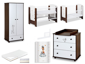 Zestaw mebli dziecięcych z Łóżeczkiem z Materacem z Przewijakiem Białe Orzech SAFARI ŻYRAFKA