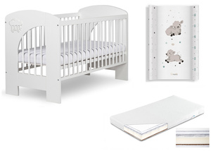 Łóżeczko drewniane 120x60 z Materacem z Przewijakiem Białe NEL CHMURKA