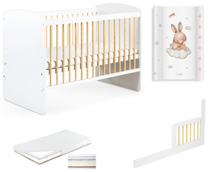 Łóżeczko drewniane 120x60 z Barierką z Materacem z Przewijakiem Białe Sosna KAROLINA