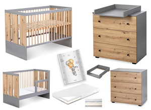 Zestaw mebli dziecięcych z Łóżeczkiem z Materacem z Przewijakiem Grafit Dąb PAULINE
