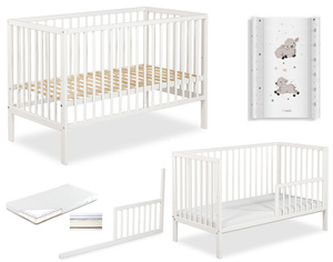 Łóżeczko drewniane 120x60 z Barierką z Materacem z Przewijakiem Białe FRANIA