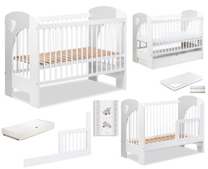 Łóżeczko drewniane 120x60 z Barierką z Pojemnikiem z Materacem z Przewijakiem Białe Popiel NEL SERCE