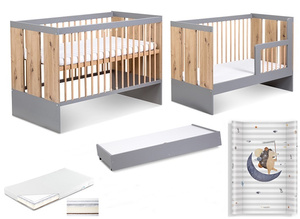 Łóżeczko drewniane 120x60 z Barierką z Pojemnikiem z Materacem z Przewijakiem Grafit Dąb PAULINE