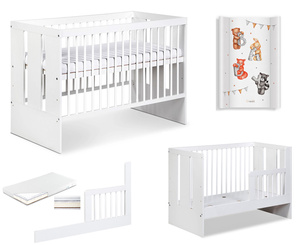 Łóżeczko drewniane 120x60 z Barierką z Materacem z Przewijakiem Białe PAULA