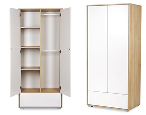 Szafa Dwudrzwiowa z Szufladą z Drążkiem z Półkami - Wymiary 180x80 cm - Buk Biała IDA