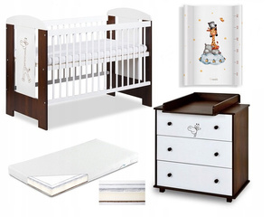 Zestaw mebli dziecięcych z Łóżeczkiem z Materacem z Przewijakiem Białe Orzech SAFARI ŻYRAFKA