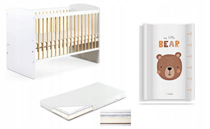 Łóżeczko drewniane 120x60 z Materacem z Przewijakiem Białe Sosna KAROLINA