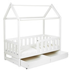 Łóżko Dziecięce Drewniane Domek 80x160 z Barierką z Szufladami Białe LIV