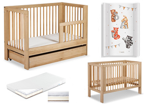 Łóżeczko drewniane 120x60 z Barierką z Pojemnikiem z Materacem z Przewijakiem Buk OLIVIA