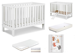 Łóżeczko drewniane 120x60 z Pojemnikiem z Materacem z Przewijakiem Białe AMELIA II