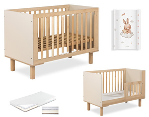 Łóżeczko drewniane 120x60 z Materacem z Przewijakiem Szampan Buk LAURA