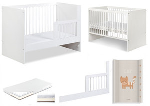 Łóżeczko drewniane 120x60 z Barierką ochronną z Materacem z Przewijakiem Białe DALIA