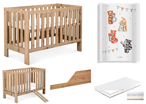 Łóżeczko drewniane 120x60 z Barierką ochronną z Materacem z Przewijakiem Dąb AMELIA II