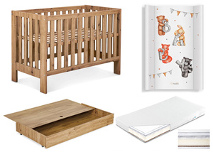 Łóżeczko drewniane 120x60 z Pojemnikiem z Materacem z Przewijakiem Dąb AMELIA II