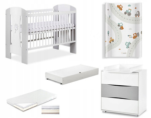 Zestaw mebli dziecięcych z Łóżeczkiem z Materacem z Przewijakiem Białe Popiel NATI