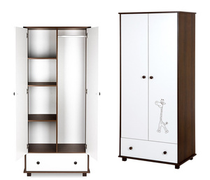 Szafa Dwudrzwiowa z Szufladą z Drążkiem z Półkami - Wymiary 185x83 cm - Biała Orzech SAFARI ŻYRAFKA