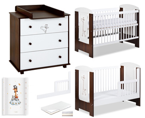 Zestaw mebli dziecięcych z Łóżeczkiem z Materacem z Przewijakiem Białe Orzech SAFARI ŻYRAFKA