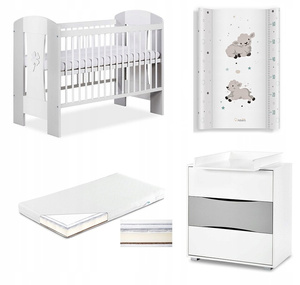 Zestaw mebli dziecięcych z Łóżeczkiem z Materacem z Przewijakiem Białe Popiel NATI