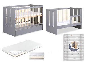 Łóżeczko drewniane 120x60 z Barierką z Pojemnikiem z Materacem z Przewijakiem Grafit Sosna PAULINE