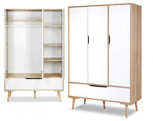 Szafa Trzydrzwiowa z Szufladą z Drążkiem z Półkami - Wymiary 180x117 cm - Buk Biel SOFIE