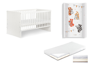 Łóżeczko drewniane 120x60 z Materacem z Przewijakiem Białe KAROLINA I